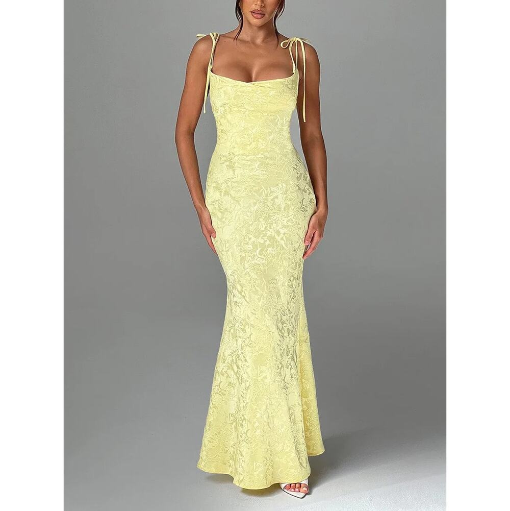 Babyboo Whitney Maxi Dress Lemon Yellow Bias Cut Cowl Lace Up SZ XS NWT